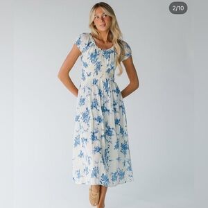 Brass and Roe Floral Blue and White Midi Dress